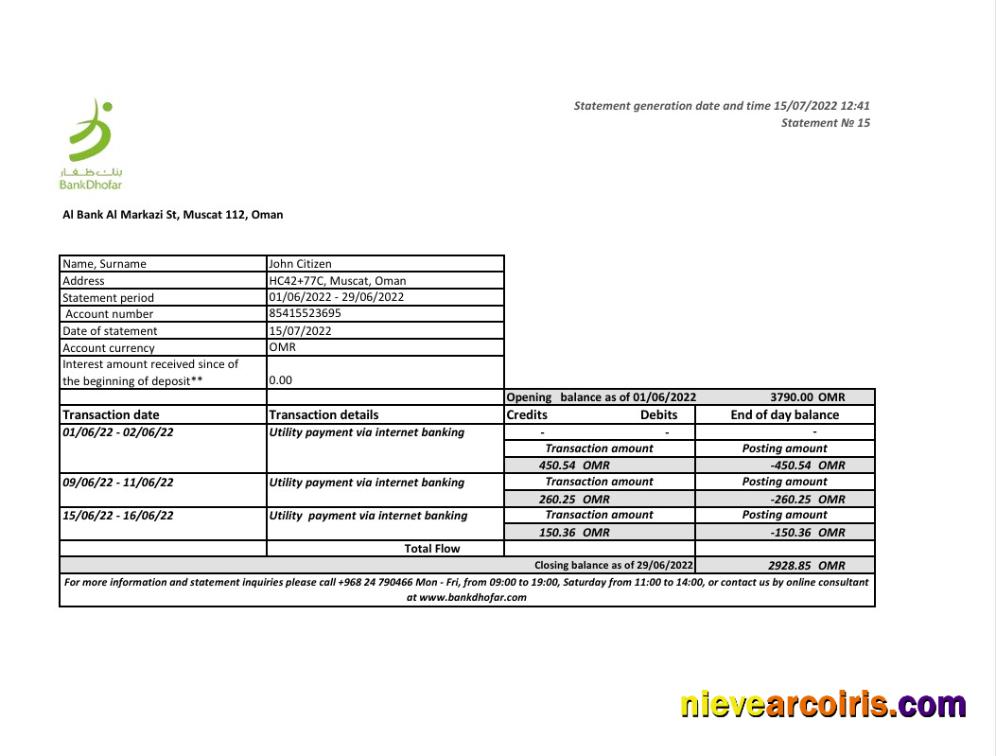 Oman Bank Dhofar bank statement Excel and PDF